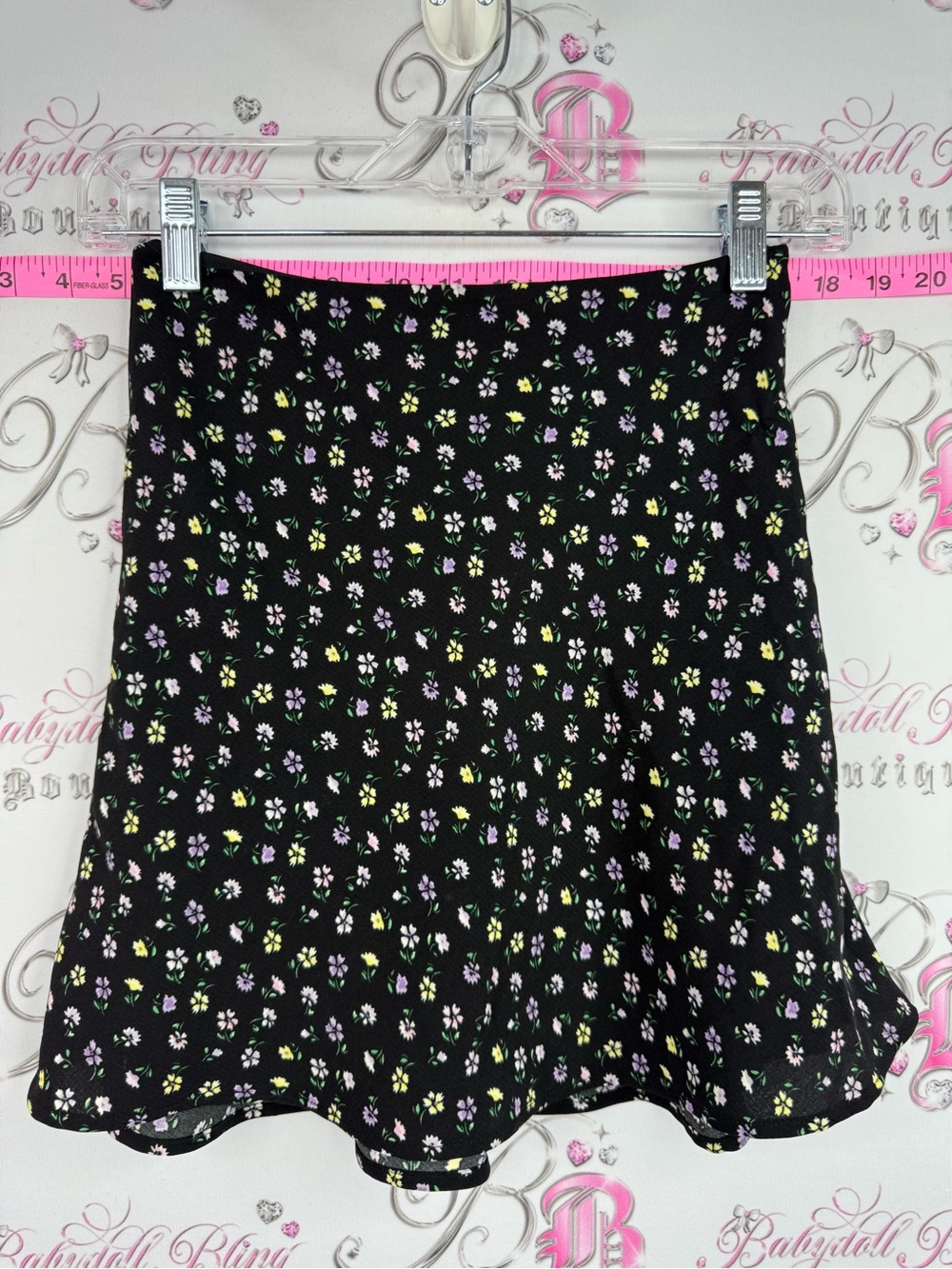 Divided skirt Black Mini Skirt with Yellow & Lavender Floral Print